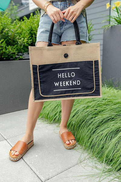 HELLO WEEKEND Jute Tote Bag