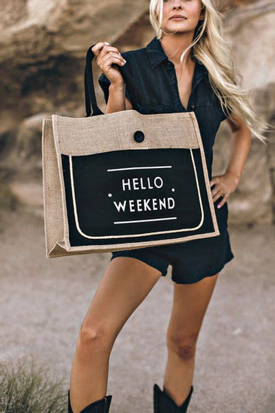 HELLO WEEKEND Jute Tote Bag