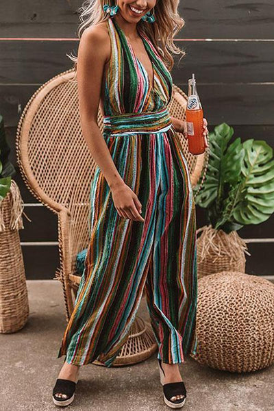 Stripe Halter Neck Backless Jumpsuit - girlyrose.com