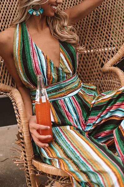 Stripe Halter Neck Backless Jumpsuit - girlyrose.com