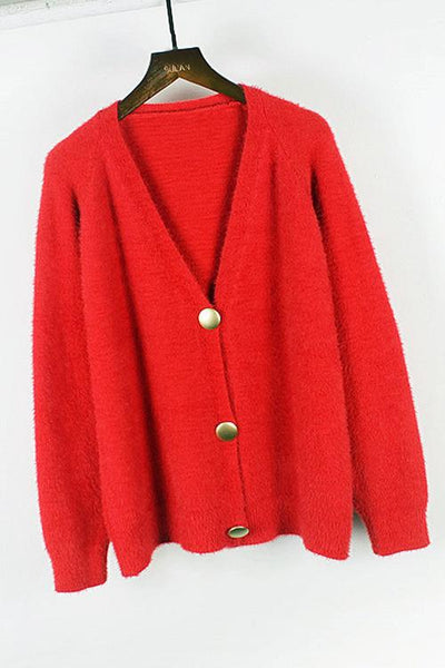 Fuzzy Button V Neck Cardigan