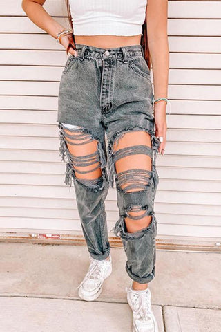 Grey Ripped Straight Leg Jeans