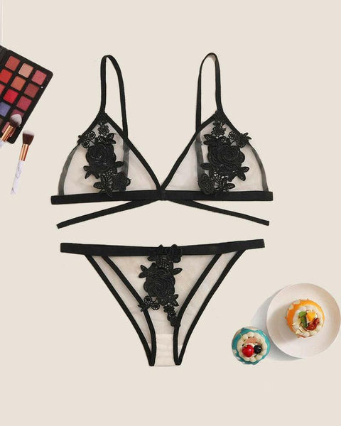 Solid Lace Cut-out Strap Bra Sets - girlyrose.com