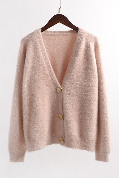 Fuzzy Button V Neck Cardigan