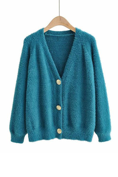 Fuzzy Button V Neck Cardigan