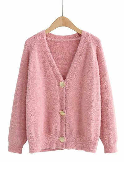 Fuzzy Button V Neck Cardigan