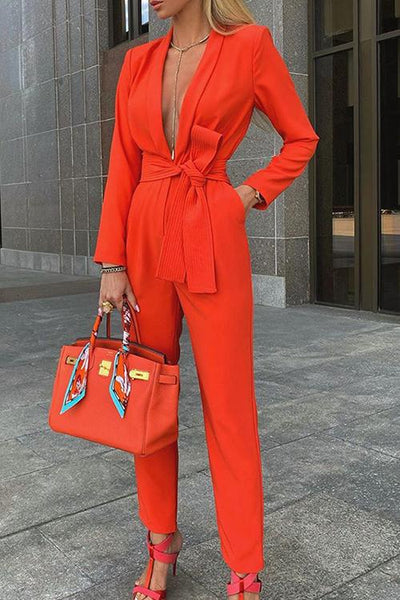 Lace Up Lapel Deep V Neck Jumpsuit