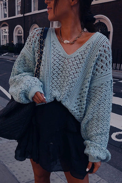 Hollow V Neck Puff Sleeve Sweater