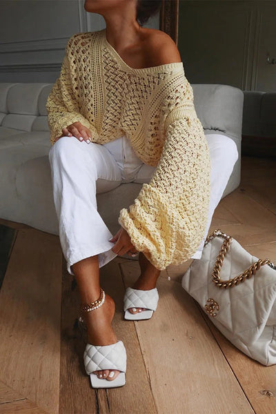 Hollow V Neck Puff Sleeve Sweater