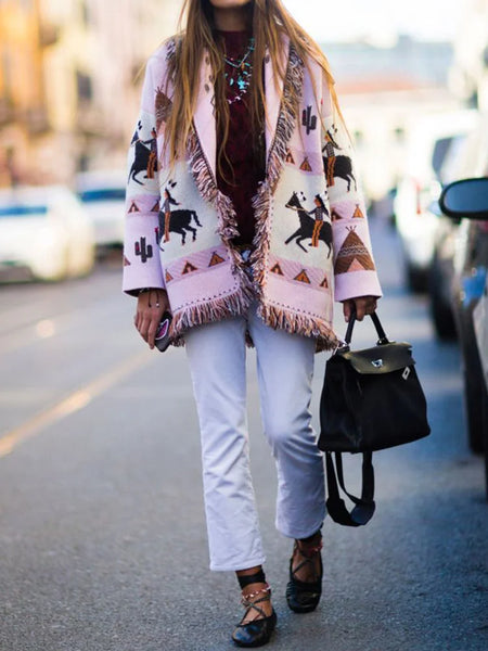 Stylish Floral Printed Tasseled Crochet Lapel Collar Cardigan Coats