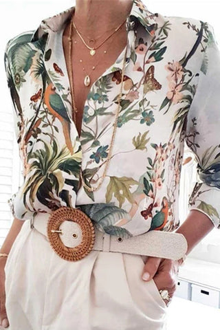 Garden Print Turndown Collar Blouse