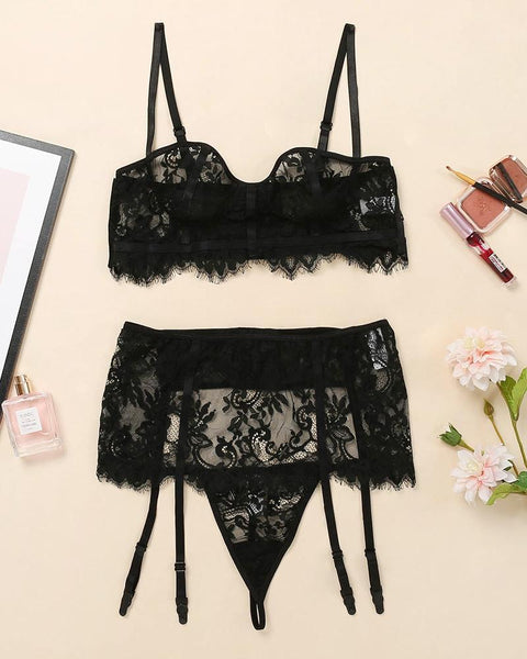 Eyelash Lace Sheer Mesh Garter Lingerie Set - girlyrose.com