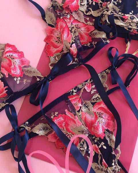 Floral Embroidery Sheer Mesh Ribbon Lingerie Set - girlyrose.com