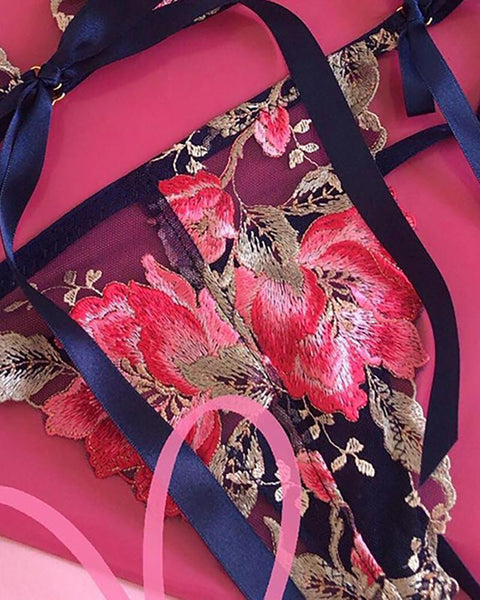 Floral Embroidery Sheer Mesh Ribbon Lingerie Set - girlyrose.com
