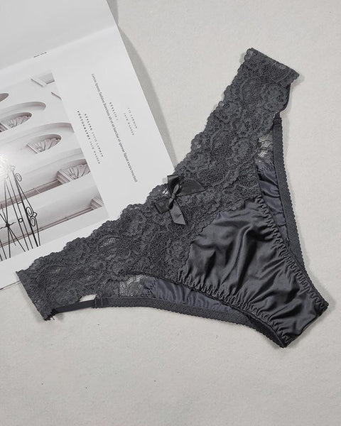 Satin Lace Cutout Seamless Bowknot Decor Panty - girlyrose.com