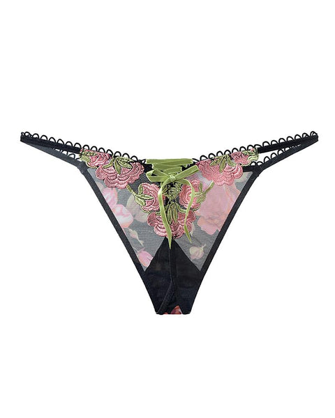 Floral Embroidery Low Waist Lace-up Thong - girlyrose.com