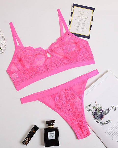 Spaghetti Strap Crochet Lace Bra Set - girlyrose.com