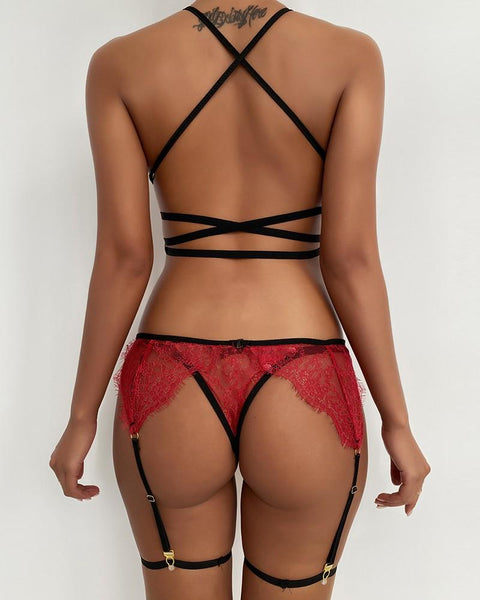 Eyelash Lace Bandage Garter Lingerie Set - girlyrose.com