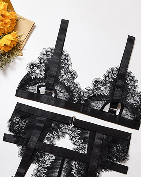 Spaghetti Strap Eyelash Lace Garter Lingerie Set - girlyrose.com