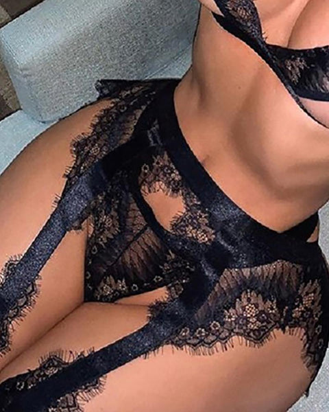 Spaghetti Strap Eyelash Lace Garter Lingerie Set - girlyrose.com