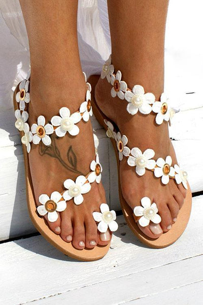 Flower Slip On Flat Sandals - girlyrose.com