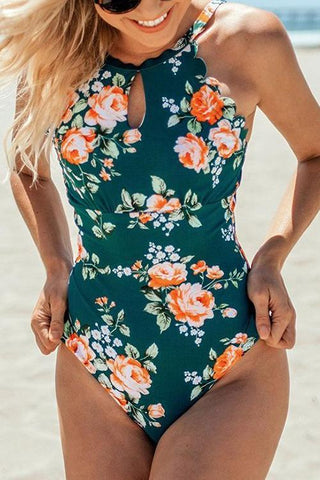 Hollow Floral Print One Piece Swimwear - girlyrose.com