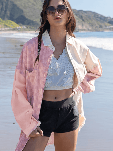CHECK COTTON FRAYED DENIM SHACKET - PINK