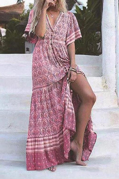 Print V Neck Short Sleeve Maxi Dress - girlyrose.com