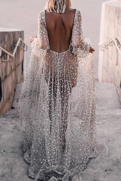 See Through Backless Maxi Dress - girlyrose.com