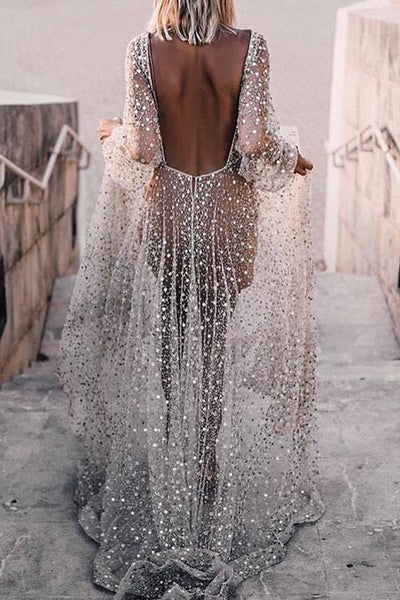 See Through Backless Maxi Dress - girlyrose.com