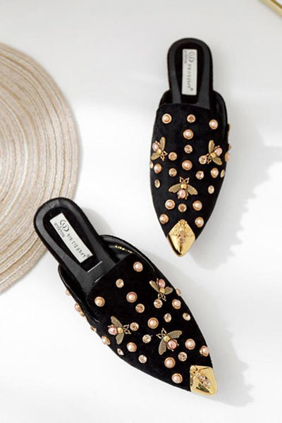 Metal Pearl Bee Mules Flats - girlyrose.com