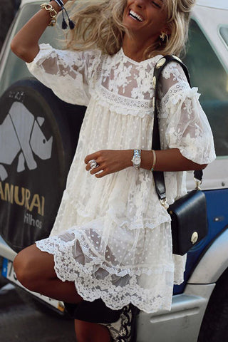 Layer Lace Round Neck Tunic Dresses