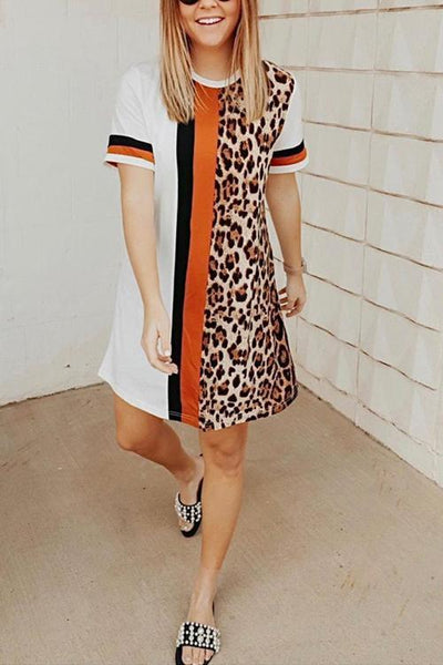 Leopard Patchwork Short Sleeve Mini Dress - girlyrose.com