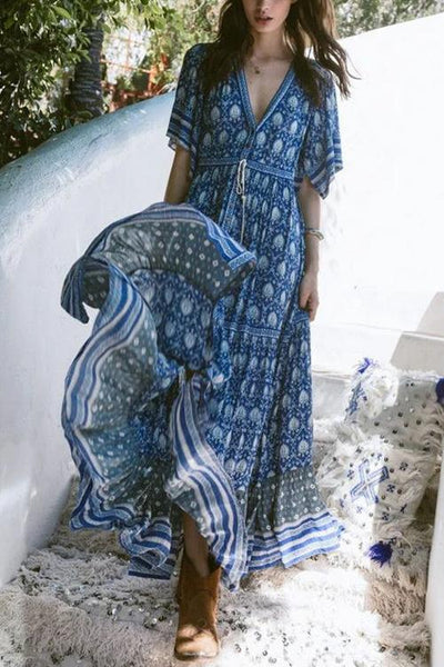 Print V Neck Short Sleeve Maxi Dress - girlyrose.com