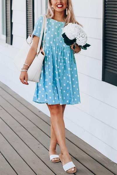 Dot Pockets Short Sleeve Swing Dress - girlyrose.com