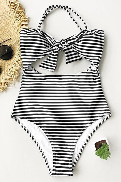 Stripe Hollow One-piece Swimsuit - girlyrose.com
