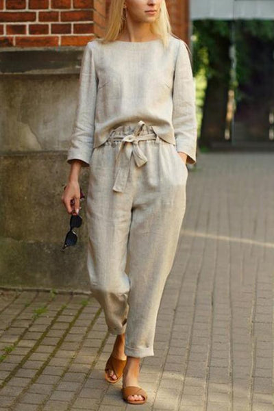 Linen O Neck Long Sleeve Pants Set