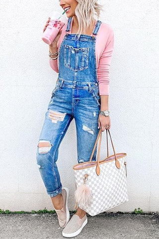 Pockets Ripped Denim Jumpsuit - girlyrose.com