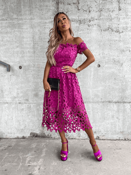 LOVE STORY BABY LACE OFF SHOULDER MIDI DRESS - MAGENTA