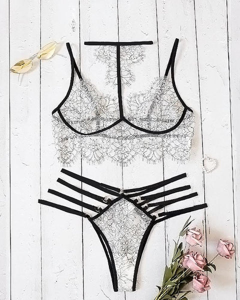 Eyelash Crochet Lace Ladder Cutout Bra Set - girlyrose.com