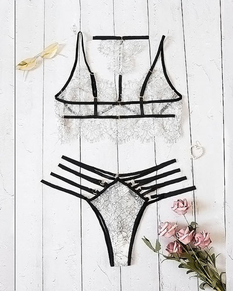 Eyelash Crochet Lace Ladder Cutout Bra Set - girlyrose.com