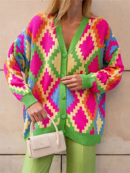 V-neck Casual Comfortable Medium Long Loose Sweater Cardigan-Corachic