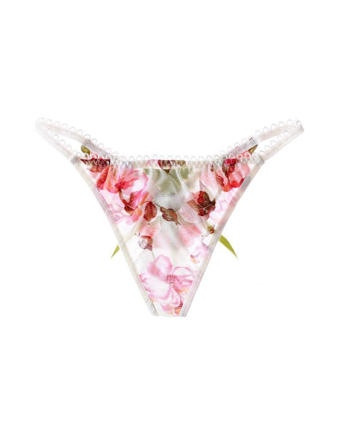 Floral Embroidery Low Waist Lace-up Thong - girlyrose.com