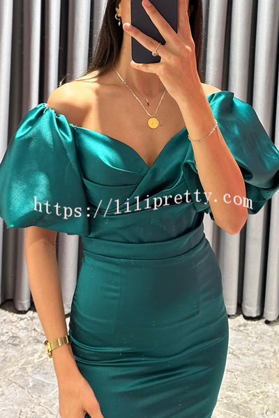 Talk Sweetly Satin Puff Sleeve Ruched Bust Formal Midi Dress