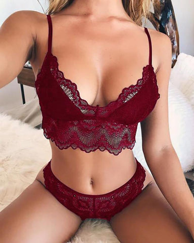 Spaghetti Strap Crochet Lace Bra Set - girlyrose.com