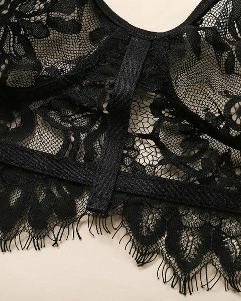 Eyelash Lace Sheer Mesh Garter Lingerie Set - girlyrose.com