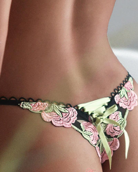 Floral Embroidery Low Waist Lace-up Thong - girlyrose.com