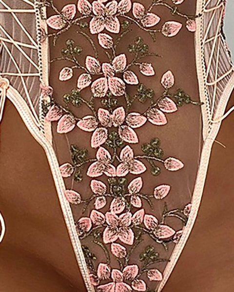 Floral Embroidery Lace-up Sheer Mesh Teddy - girlyrose.com