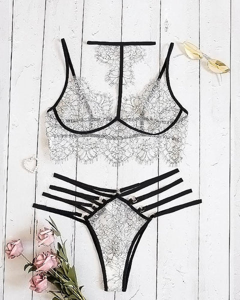 Eyelash Crochet Lace Ladder Cutout Bra Set - girlyrose.com