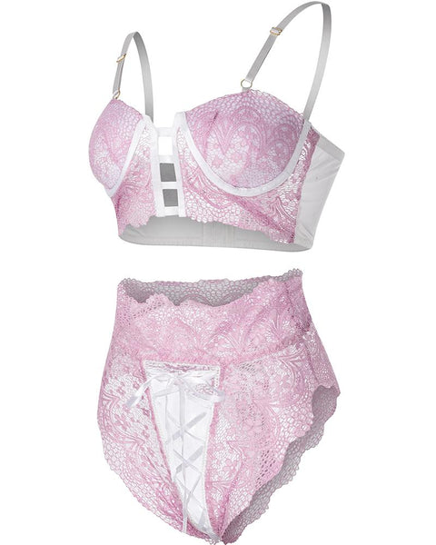 Crochet Lace Cutout Lace-up Lingerie Set - girlyrose.com